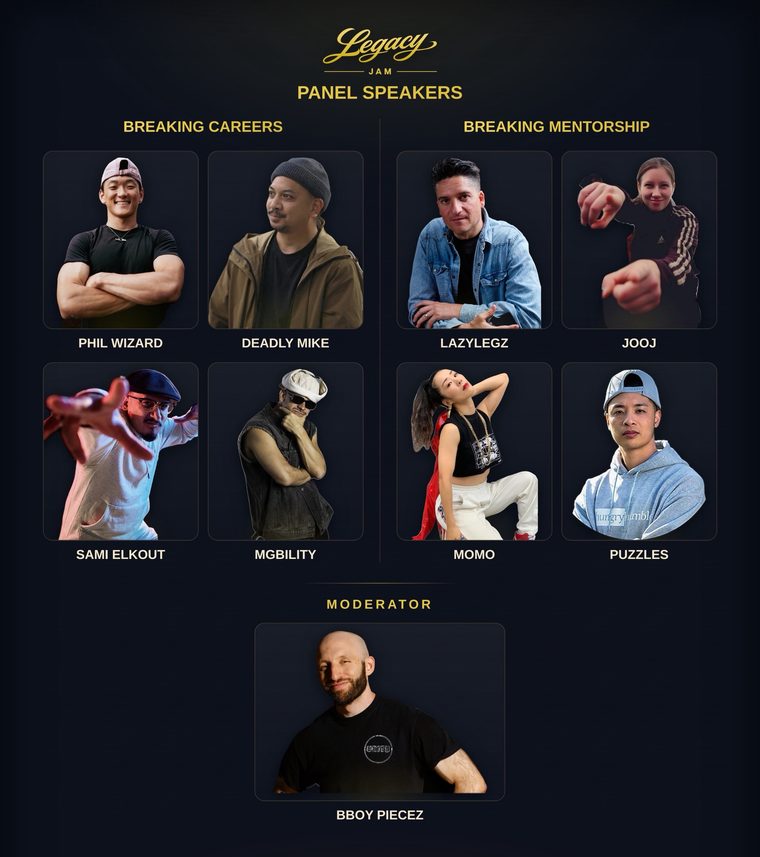 Panel Speakers. Breaking Careers: Phil Wizard, Deadly Mike, Sami Elkout, MGbility. Breaking Mentorship: Lazylegz, Jooj, Momo, Puzzles. Moderator: Bboy Piecez.